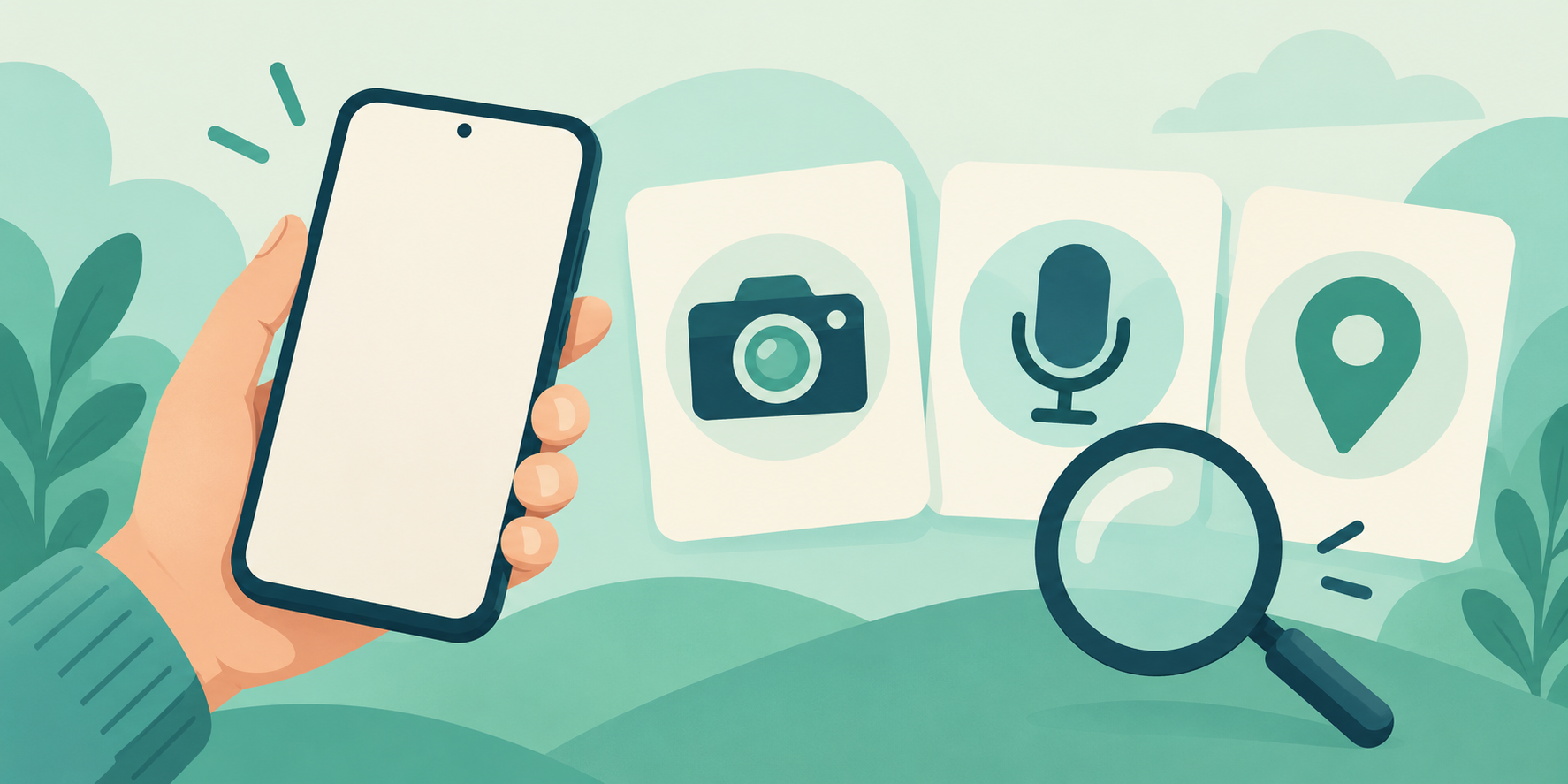 AI illustration of a generic phone beside camera, microphone and location symbols under a magnifying glass