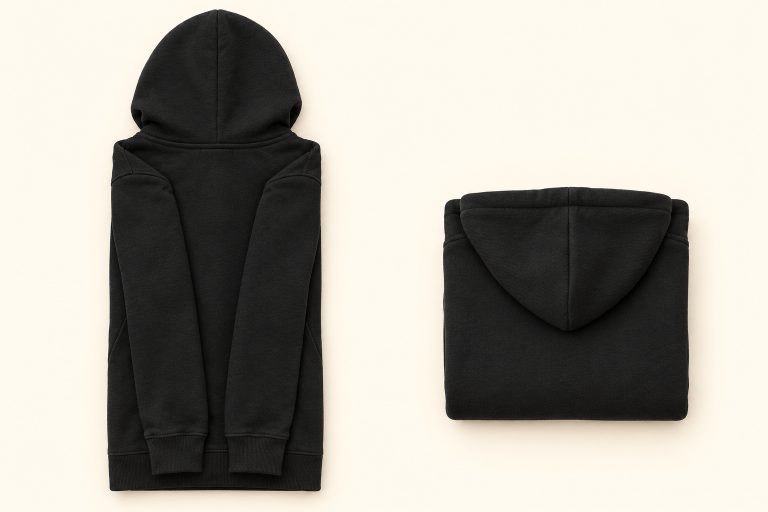 AI illustration of a hoodie with sleeves folded inward beside a finished rectangular fold with the hood on top