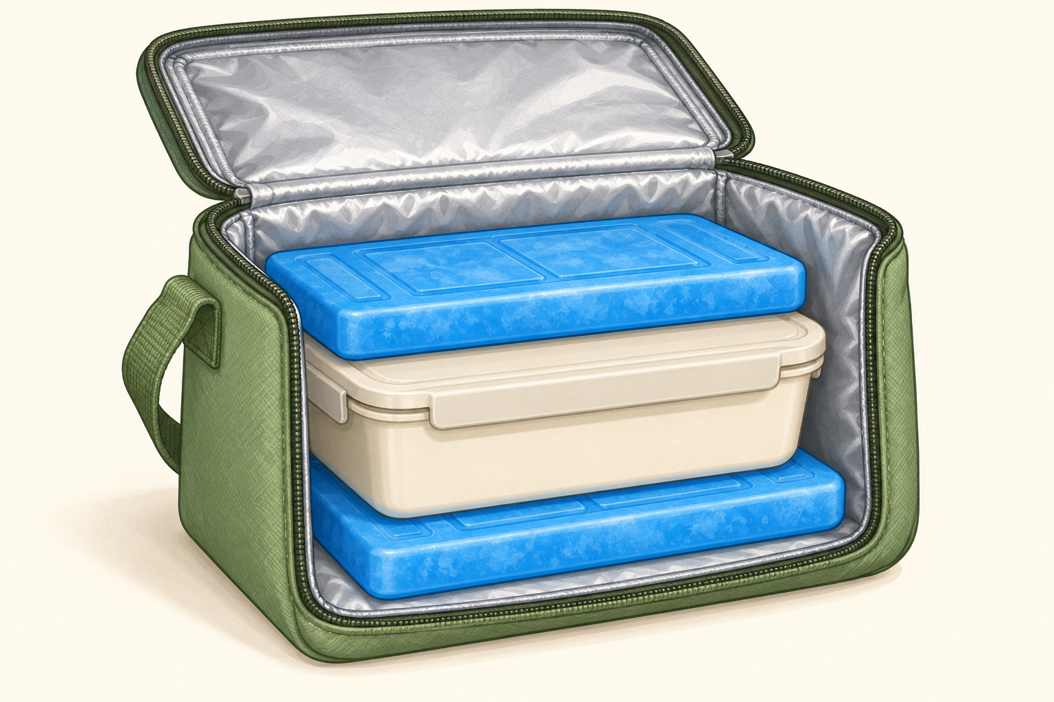 Cutaway illustration of an insulated lunch bag with one ice pack above and one below a closed snack container.