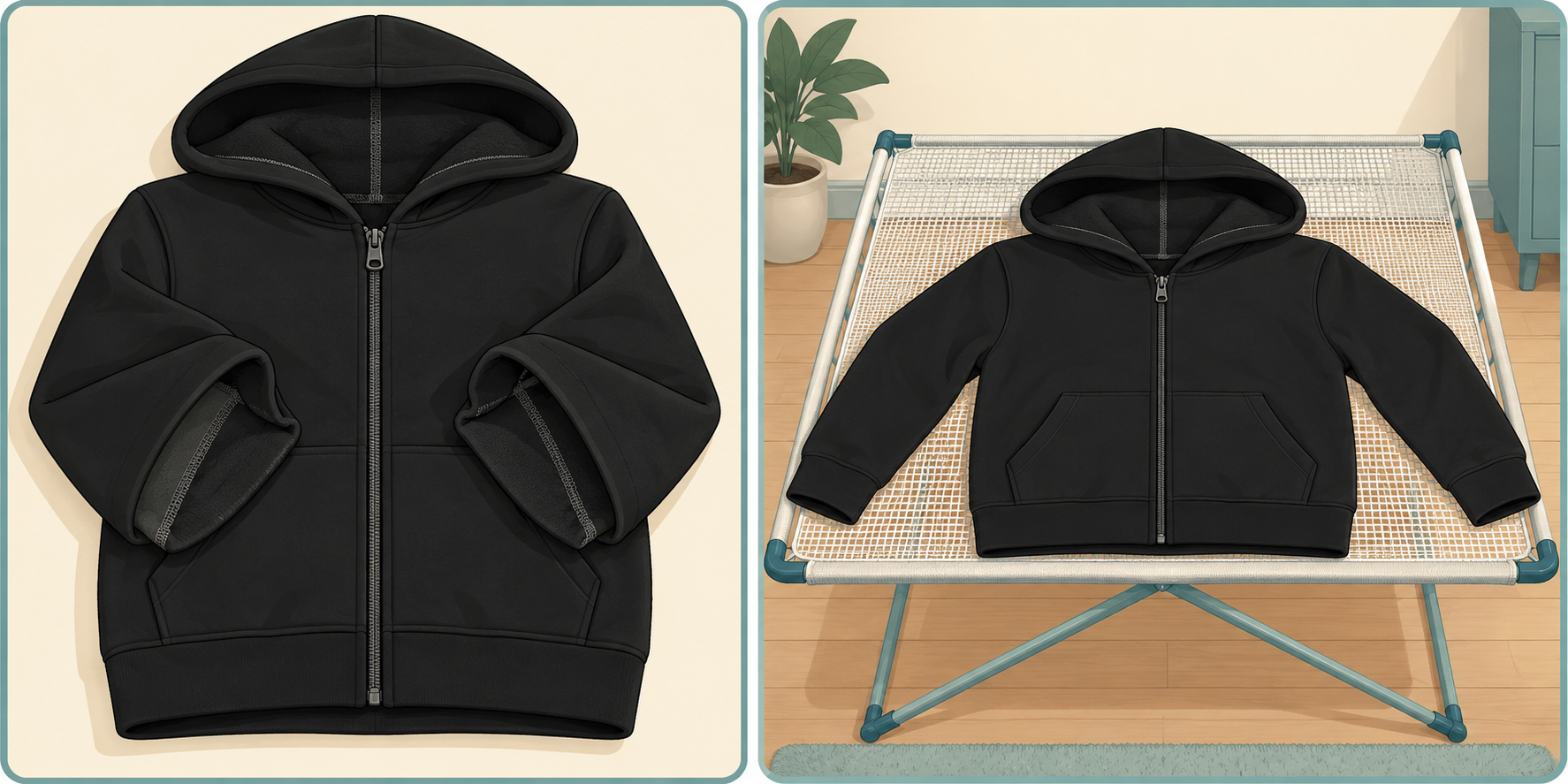 AI illustration of a zipped black hoodie with turned cuffs beside a hoodie lying flat on an indoor drying rack