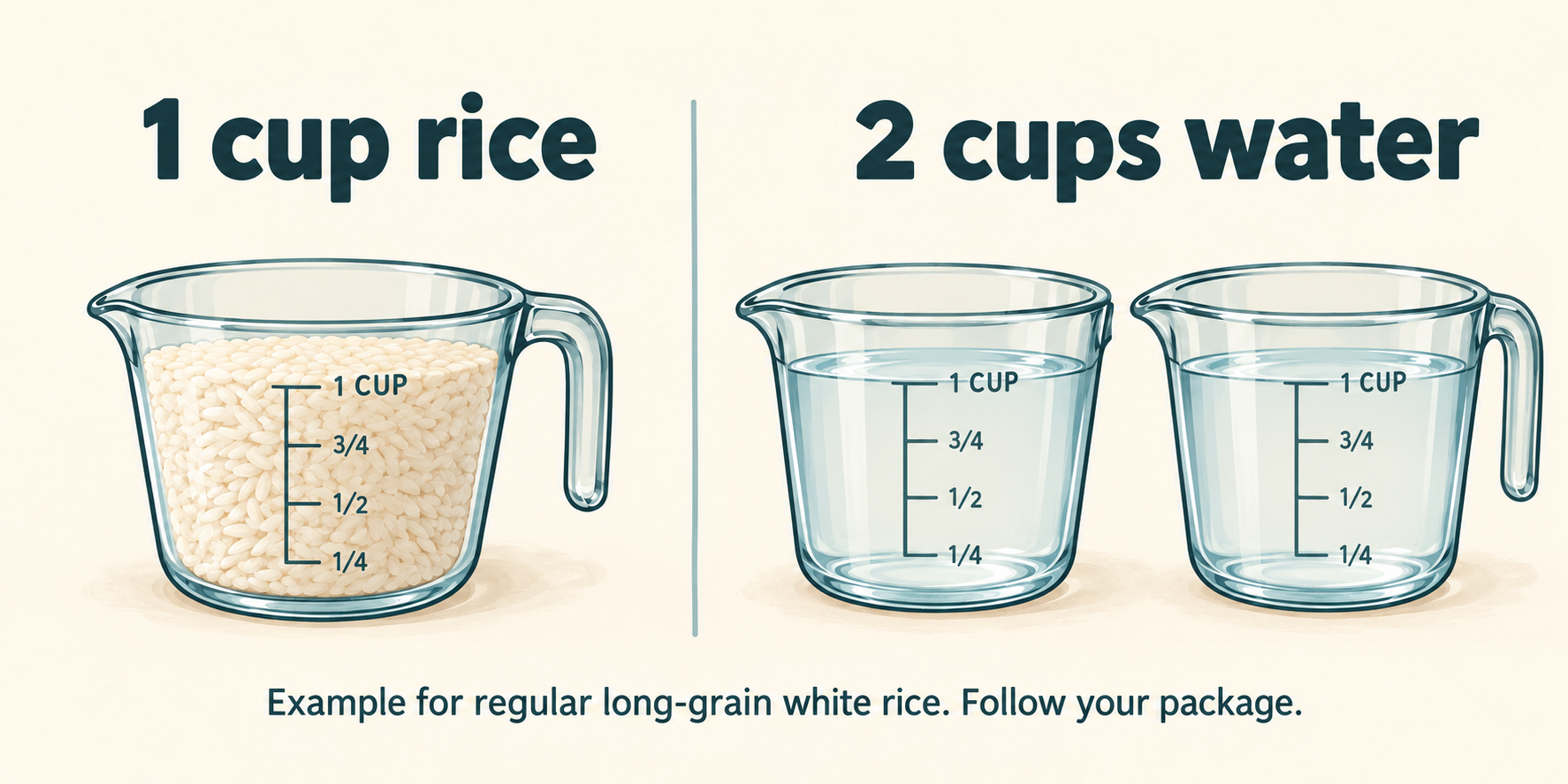 AI diagram showing one level cup of rice and two cups of water for the example long-grain white rice ratio