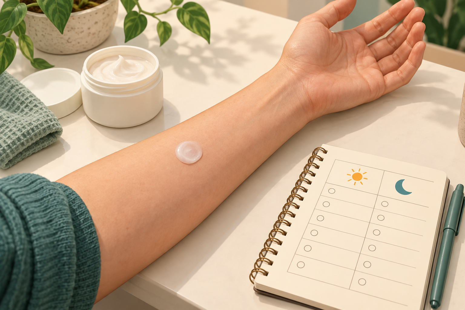 AI-generated example of a small cosmetic trial on an inner forearm beside a morning-and-evening observation log