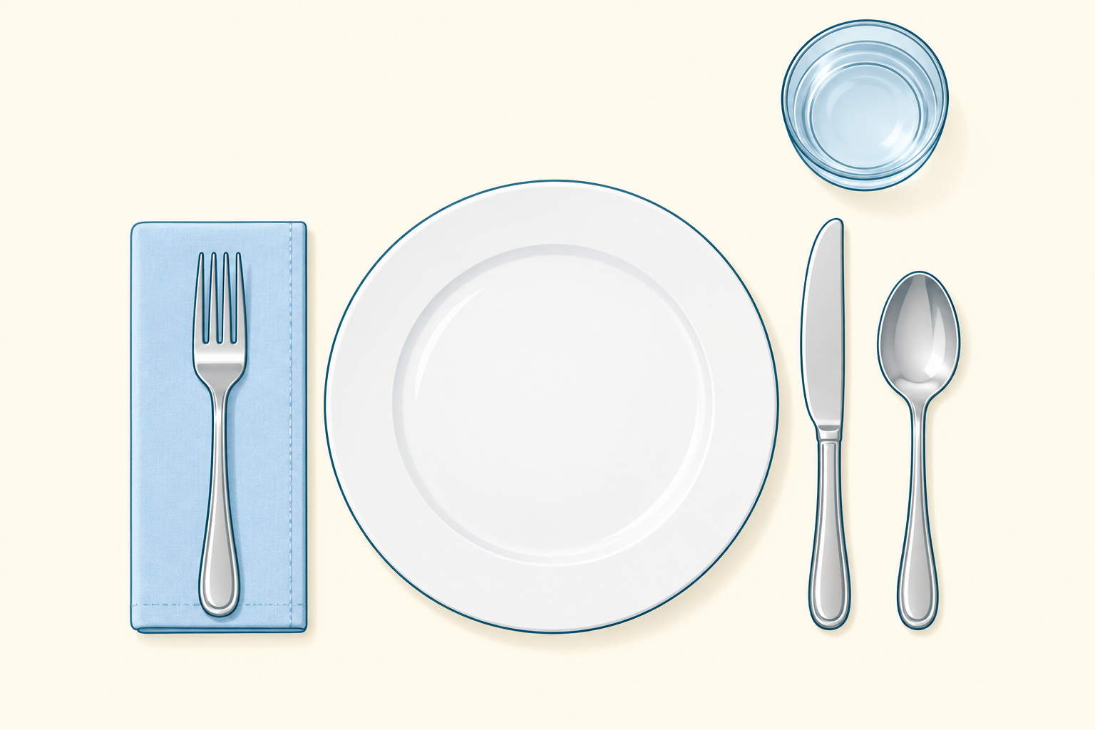 AI illustration of a plate with fork on the left, inward-facing knife and spoon on the right, and water glass above the knife