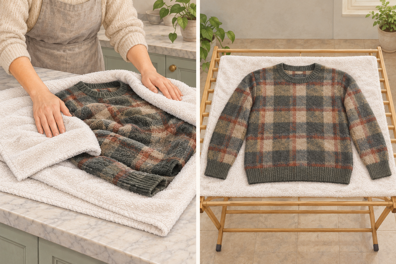 Two-panel illustration showing a wool sweater gently blotted inside a towel, then reshaped flat on a fresh towel over a drying rack.